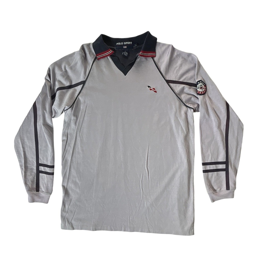 Vintage Polo Sport Ralph Lauren Mens Large Grey Long Sleeve V-Neck Trainer Shirt